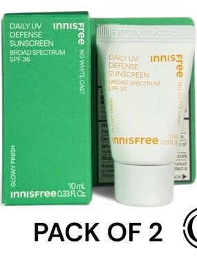2x Innisfree Daily UV Defense Sunscreen SPF 36 10ml/ 0.33oz Mini Size EXP 01/2
